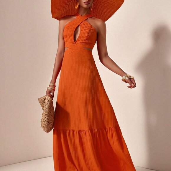 Orange Sexy Women's Casual Vacation Cross Halter Neck Hollow Backless Dress - Picture 5 of 7